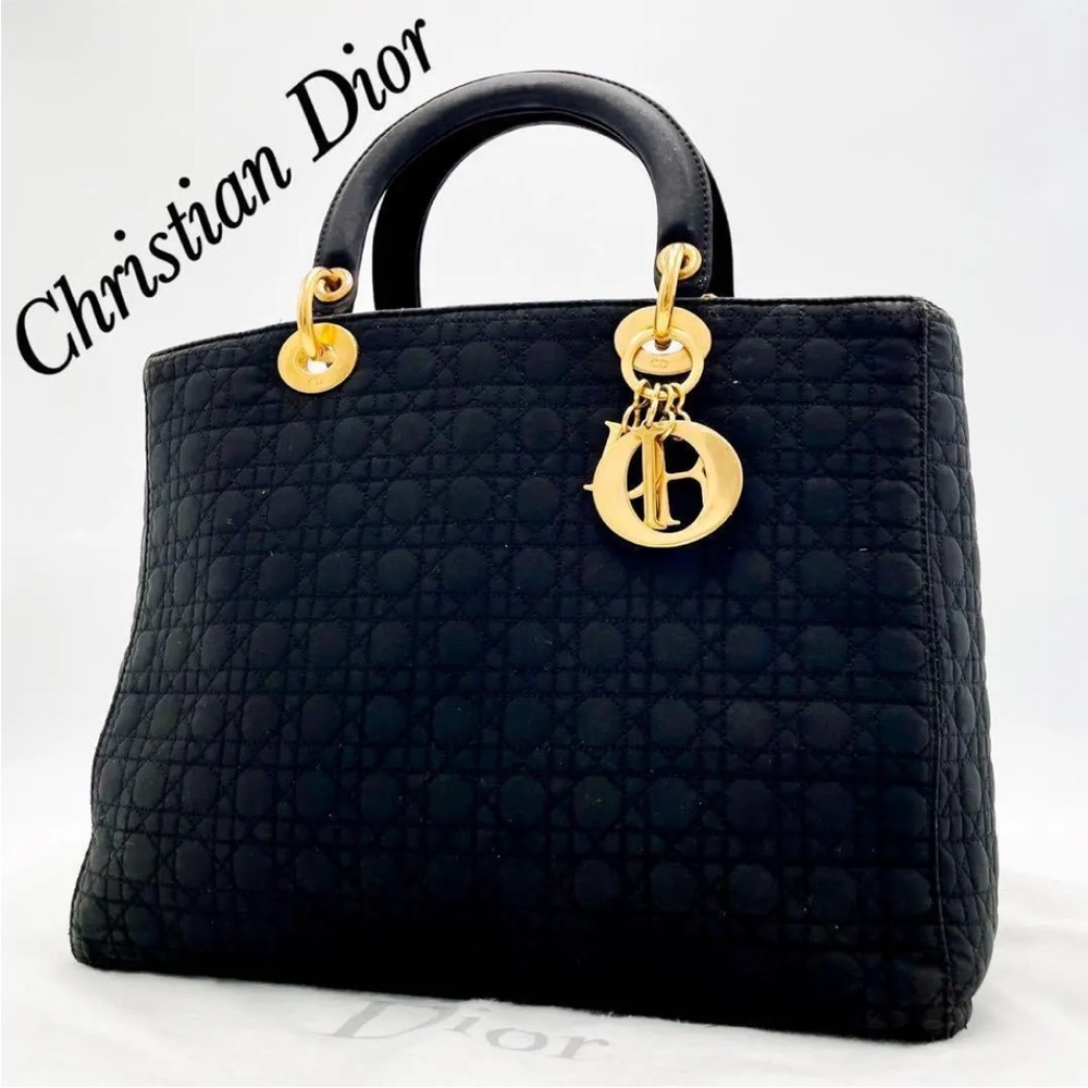 Christian Dior Lady Dior Cannage Tote bag Hand Bag Tote Nylon Black!